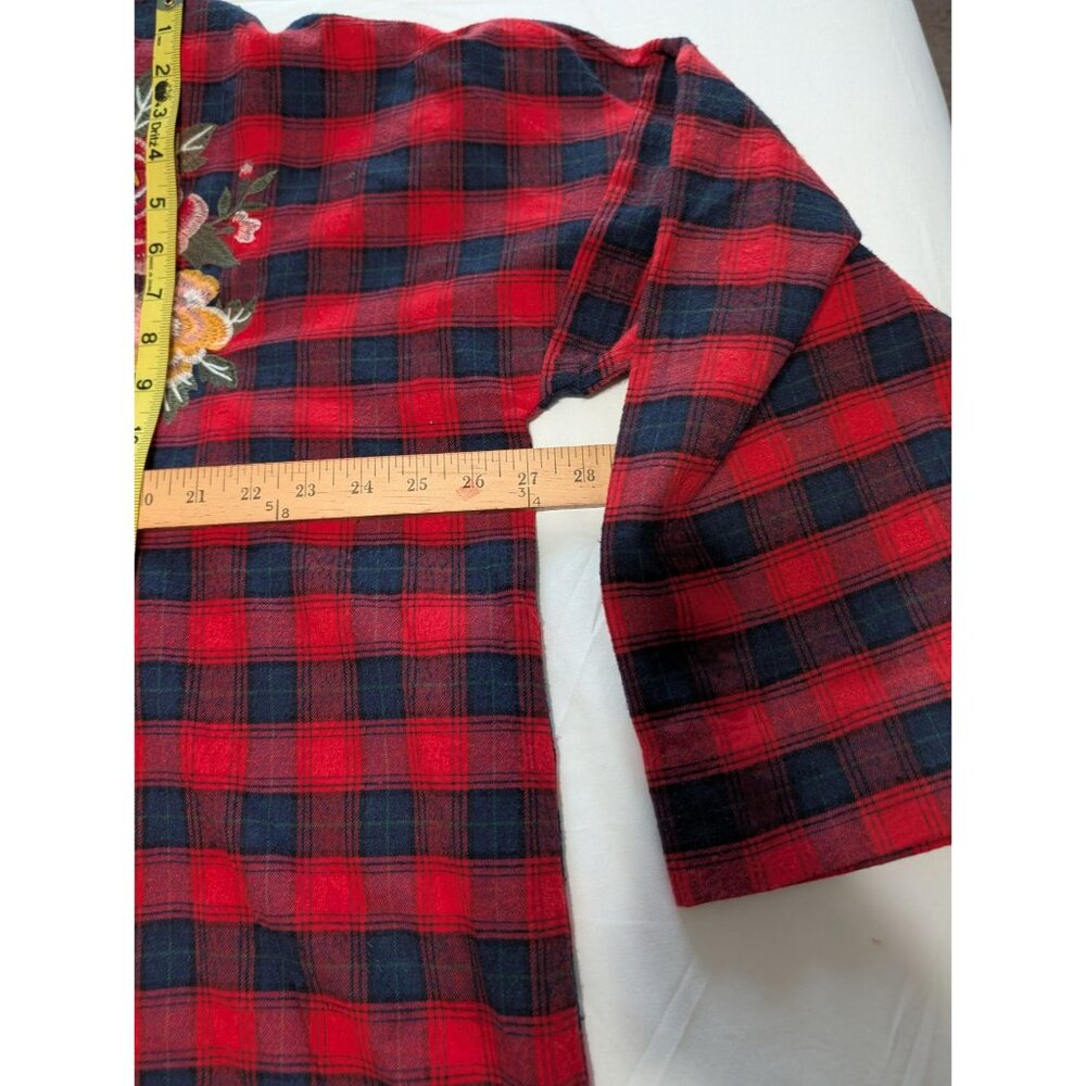 Umgee Womens 2XL Red Black Plaid Button-Down Shirt Floral Embroidery Long Sleeve - Picture 10 of 12
